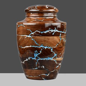 Handmade Rosewood Cremation Urn: Blue Fractal Inlay, Funeral Ashes Box
