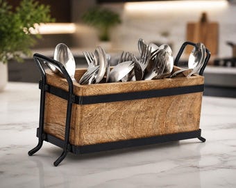 Organizador de utensilios de cocina de madera de mango hecho a mano: organizador de estilo rústico.