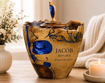 Fractal Burned Mango Wood Cremation Urn: Resin Art, Large Adult Size