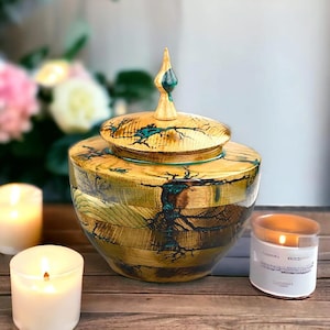 Handmade Fractal Burned Wood Urn with Turquoise Inlay – Unique Cremation Urn for Human Ashes – Artistic Memorial Keepsake Urn"