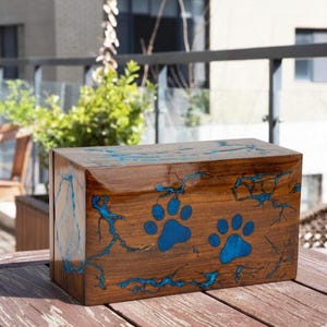 Pet Ashes Wooden Memorial Box Turquoise Paw Prints Epoxy Inlay Dog Cat Cremation Urn