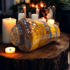 Funeral Wooden Urn with Blue Epoxy Inlay – Fractal burn turn wood Memorial Urn for Ashes | Premium Wood Keepsake urn or pet ashes