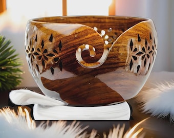 Rosewood Crafted Wooden Yarn Storage Bowl With Carved Holes & Drills | Knitting Crochet Accessories