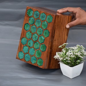 Handmade Wooden & Green Epoxy Hexagon Inlay Urn – Unique Geometric Cremation Urn for Human Ashes | Modern Artistic Memorial Box&quot;