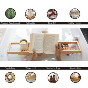 May include: A bamboo bathtub tray holds a cup of tea, a bowl of berries, and a book. The tray is in a white bathtub with pink flower petals. Text on the image says "Natural Beechwood", "Relexable", "Best Gift", "Easily Fixable", "Scrub Tray", "Water proff", "Shampoo Tray", and "Candle Cup".