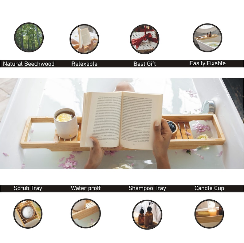 May include: A bamboo bathtub tray holds a cup of tea, a bowl of berries, and a book. The tray is in a white bathtub with pink flower petals. Text on the image says "Natural Beechwood", "Relexable", "Best Gift", "Easily Fixable", "Scrub Tray", "Water proff", "Shampoo Tray", and "Candle Cup".