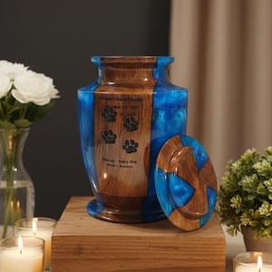 Handmade Wooden & Blue Resin Pet Urn –Paw Print Engraving –Dog Cat Keepsake urn