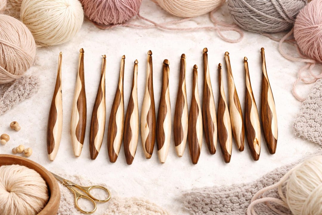 Ergonomic Wooden Crochet Hook Set: Hand Turned, Sizes 3.5mm-12mm