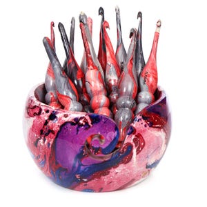Handmade Resin Crochet Hook Set with Yarn Bowl & Stand: Marbled Artisan Craft Gift