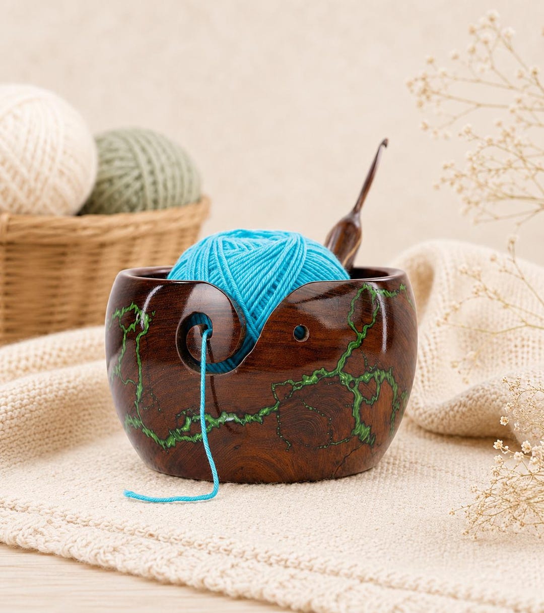 Handcrafted Lichtenberg Fractal Burn Yarn Bowl | Resin Wood