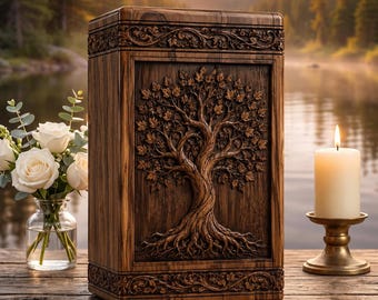 Tree of Life Wooden Cremation Urn for Human Ashes, Handmade Memorial Urn Box Keepsake