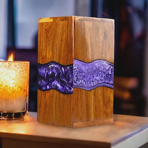 Epoxy River Rosewood Cremation Urn: Blue Resin Wave Design