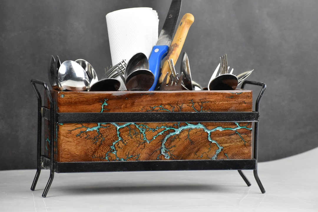 Wooden Utensils Caddy, Holder for Spoons, Forks, Knives, Salt Pepper