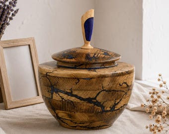 Handmade Wooden Cremation Urn with Blue Resin Inlay – Personalized Memorial Urn for Ashes