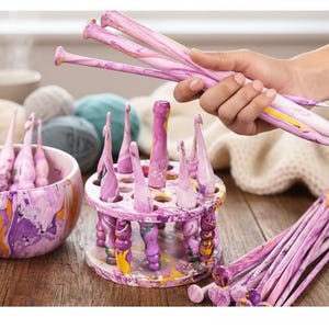 Hydro-Dipped Wooden Yarn Bowl Set: Crochet Hook & Knitting Needle Holder