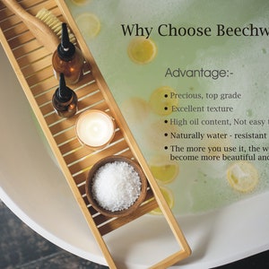 May include: A bamboo bath tray holds essential oils, a candle, and a bowl of bath salts, set against a backdrop of a white bathtub filled with water and lemon slices. The text "Why Choose Beechwood" is visible.