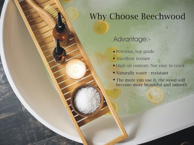 May include: A bamboo bath tray holds essential oils, a candle, and a bowl of bath salts, set against a backdrop of a white bathtub filled with water and lemon slices. The text "Why Choose Beechwood" is visible.