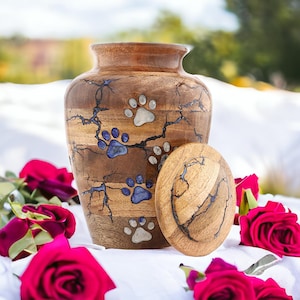 Wooden Paw Engraved Wooden Cremation Urn For Your Pet | Wooden Urn For Pet Resin Filled In Paw | Wooden Cat Urn | Wooden Dog Urn