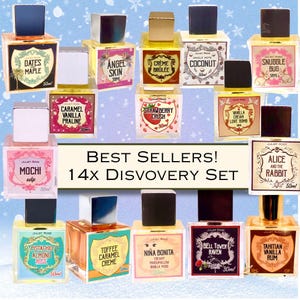 May include: A collection of 14 small glass bottles of perfume with colourful labels. The bottles are arranged in a grid pattern and labelled with different scents, including "Dates Maple", "Angel Skin", "Crème Brûlée", "Coconut", "Snuggle Bug", "Caramel Vanilla Praline", "Strawberry Crush", "Vanilla Cream Love Bomb", "Mochi", "Alice and the Rabbit", "Pistachio Almond Rose", "Toffee Caramel Crème", "Nina Bonita", "Bell Tower Raven", and "Tahitian Vanilla Rum". The bottles are all 30ml or 50ml in size. The image is labelled "Best Sellers! 14x Discovery Set".
