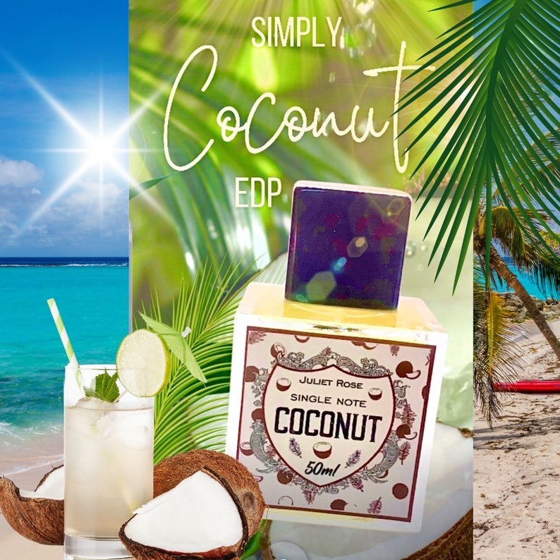 May include: A 50 ml bottle of Juliet Rose single note coconut perfume. The bottle is clear glass with a purple cap and a white label with red and gold accents. The label says "Juliet Rose Single Note Coconut" and features a coconut design.