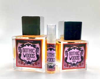 Gothic Woods EDP -  Deep Dark + Woody with Pine, Bergamot, Vetiver, Tobacco Leaf, Cypress, Musk, Aged Frankincense Amber. 50ml, 30ml, 3ml