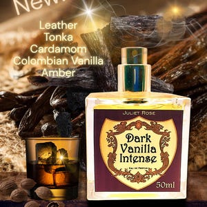 May include: A perfume bottle labelled "Dark Vanilla Intense" with a 50ml capacity. The image features ingredients such as leather, tonka, cardamom, and amber. A glass of whiskey with ice cubes is also present.