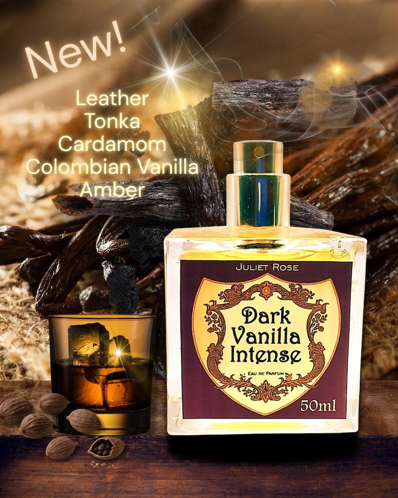 May include: A perfume bottle labelled "Dark Vanilla Intense" with a 50ml capacity. The image features ingredients such as leather, tonka, cardamom, and amber. A glass of whiskey with ice cubes is also present.