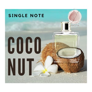 May include: A single note coconut fragrance oil in a clear glass bottle with a gold cap. The bottle is sitting on a white sandy beach with two coconuts and a white flower.