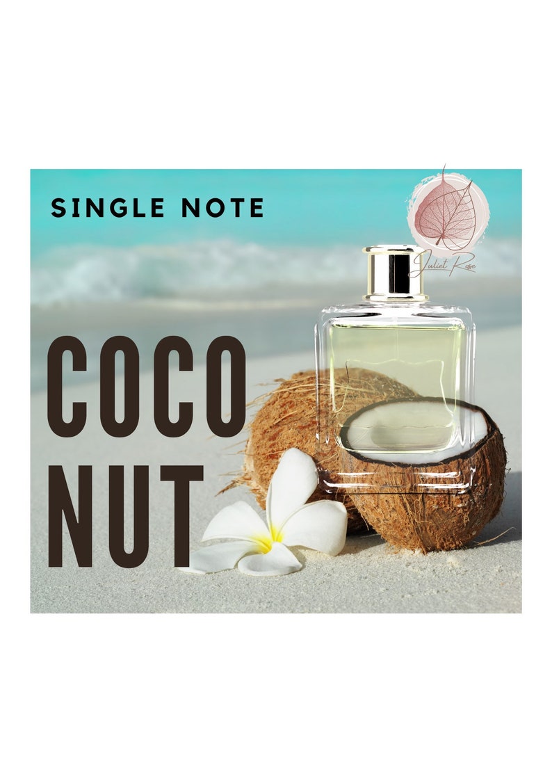 May include: A single note coconut fragrance oil in a clear glass bottle with a gold cap. The bottle is sitting on a white sandy beach with two coconuts and a white flower.