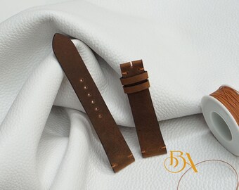 Dark Brown Waxed Leather Watch Strap, Vintage watch band handcrafted