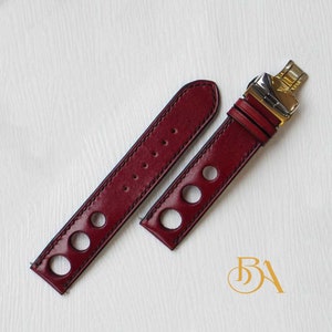 Cow leather watch strap racing style, Dark Red leather watch band. Vegetable tanned leather strap. Leather replacement watch band