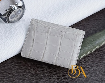 Hellgrauer Alligator Leder Kartenhalter, handgefertigte minimalistische Brieftasche