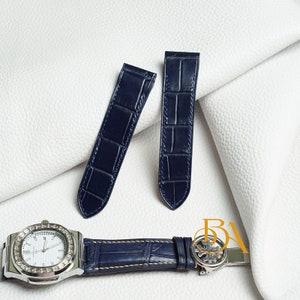Cartier Santos 100 Lederarmband, Blaues Alligator-Armband für Cartier Santos. Uhrenarmband aus Vollrindleder. Echtes Alligator Armband