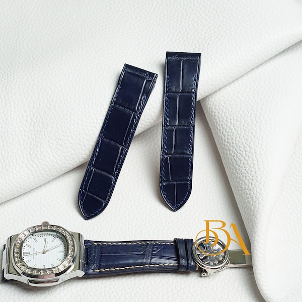 Cartier Santos 100 leather strap, Blue Alligator watch band for Cartier Santos. Full Grain leather watch strap. Genuine Alligator strap