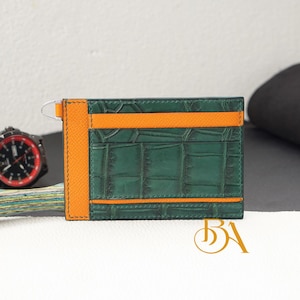 Portafoglio porta carte in alligatore fatto a mano, Premium Epsom - Porta carte di credito in pelle di alligatore. Portafoglio porta carte sottile in vera pelle