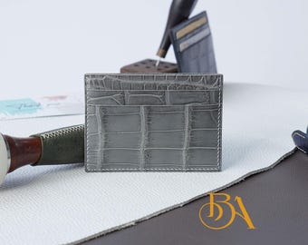 Handcrafted Gray Alligator Leather Card Holder. Unique minimalist card case
