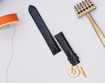 Glossy Black Alligator Leather Watch Strap