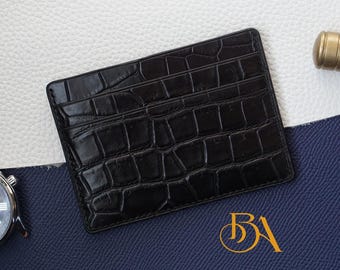 Black Alligator Leather Card Holder, Handmade Slim Card case