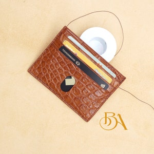 Porta carte di credito in pelle di alligatore marrone oro, porta carte in vera pelle di alligatore. Porta carte di credito minimalista in pelle realizzato a mano