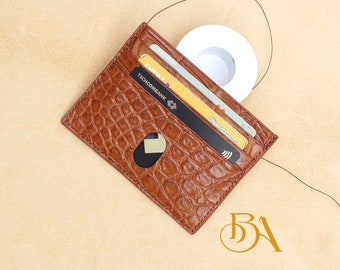 Handmade Gold Brown Alligator Leather Card Holder, Minimalist Wallet