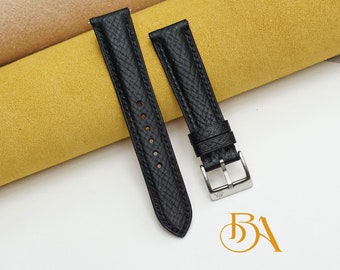 Black Horween Hatch Grain Leather Watch Band, Handmade Quick Release leather strap