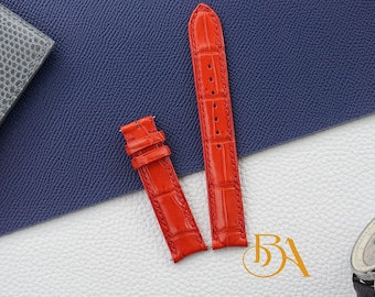 Red Alligator leather strap with curved ends. Exotic leather watch band handcrafted