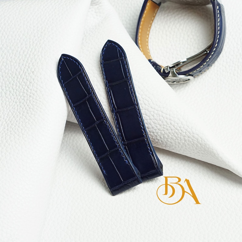 Cartier Santos 100 leather strap, Blue Alligator watch band for Cartier Santos. Full Grain leather watch strap. Genuine Alligator strap image 2