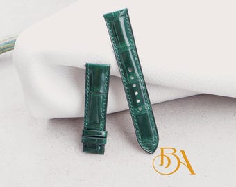 Glossy Green Alligator Leather Watch Strap with Quick Release pins