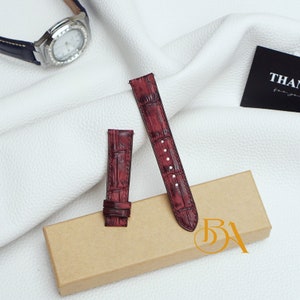Nubuck Alligator watch band, Patina Burgundy Alligator watch strap. Quick release leather watch band. Genuine Alligator leather strap