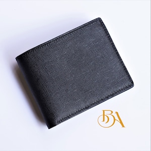 Cartera de hombre de piel de becerro negra, Cartera de piel Saffiano hecha a mano. Cartera plegable de piel de becerro auténtica. Cartera de cuero para hombre
