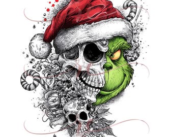 May include: A digitally illustrated design featuring a half-skull wearing a Santa hat and a half-Grinch face. The skull side is black and white, while the Grinch side is green. Candy canes and floral elements complete the design.