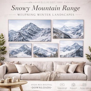 May include: A collection of five framed landscape prints featuring snowy mountain scenes. The artwork is displayed above a beige sofa with pillows and a blanket. The text "Snowy Mountain Range" and "WIUPNING WINTER LANDSCAPES" is visible.