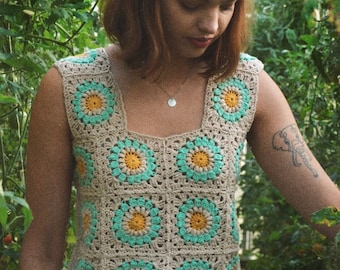 Colorful Crochet Top Vest, Patchwork Top, Hand Knit Vest, Vintage Style Vest, Square Neck Top, Warm Colors Clothing