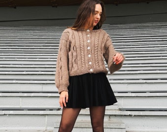 Hand-Knitted Cable Knit Cardigan - Button-Up Wool Sweater - Cozy Vintage Knitwear - Classic Chunky Cardigan - Alpaca Handmade Sweater